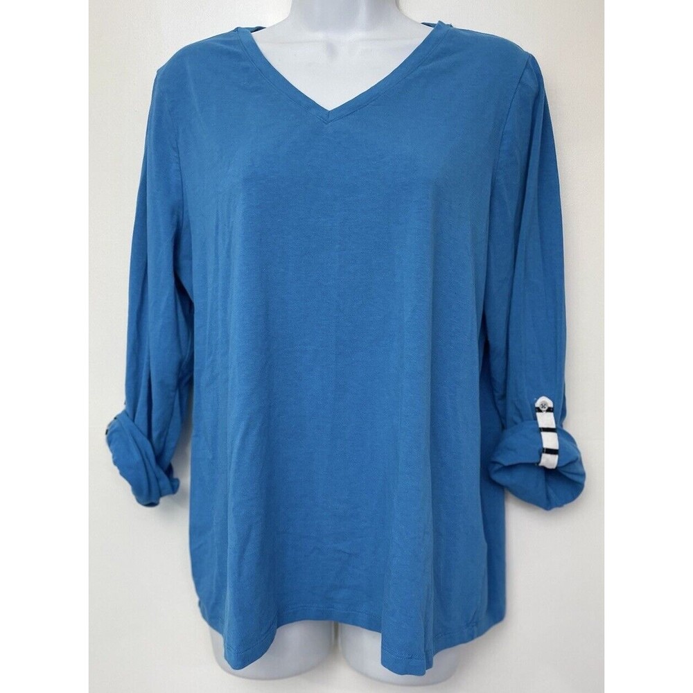 Denim & Co Jersey V-Neck Long-Slv Top Roll Tab Women's Mediterranian L Blue B15